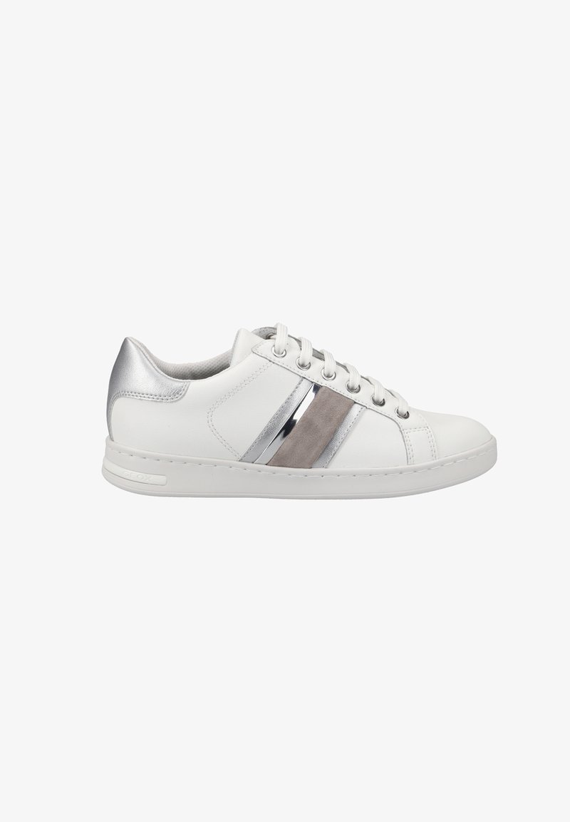 White leather sneaker with gray and metallic silver striped accents, round toe, five eyelets, and a textured silver heel. Flat rubber sole.