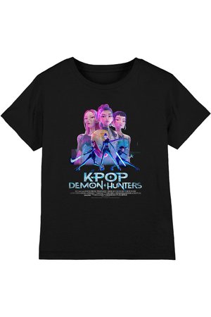 Black T-shirt with colorful animated characters wielding weapons and the text "K-POP DEMON HUNTERS" in blue and white.