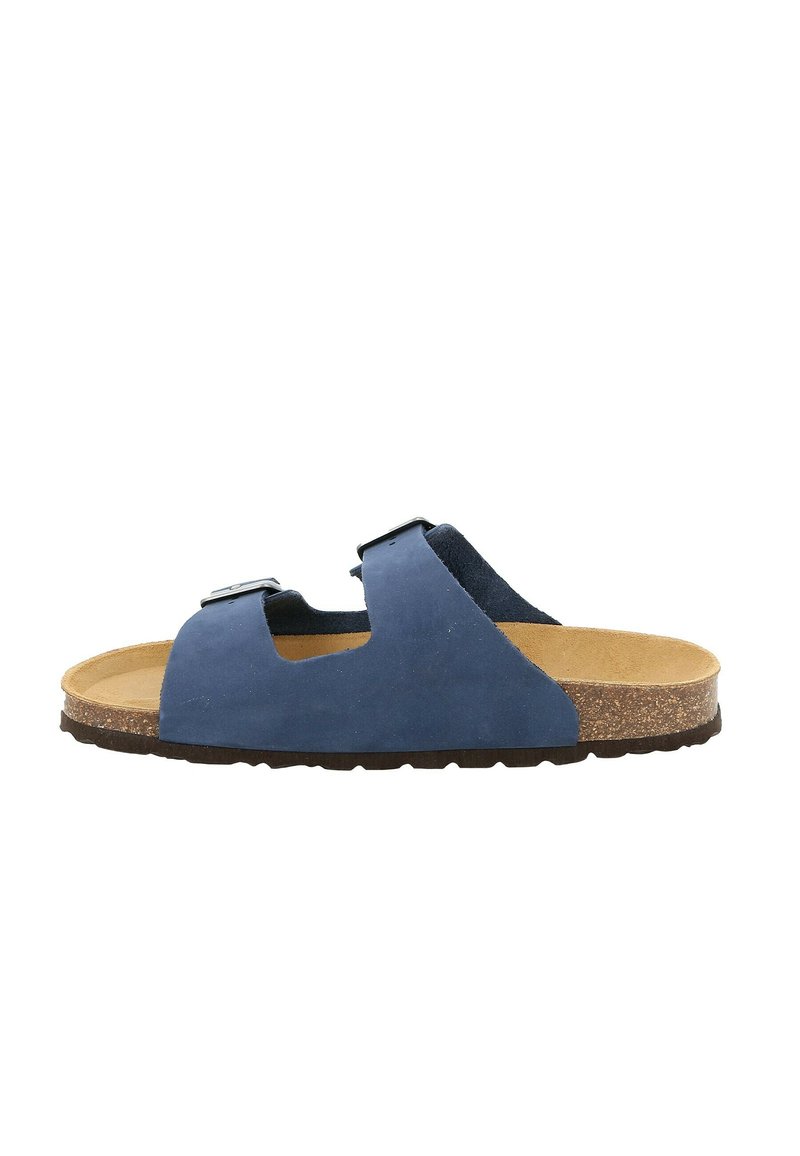 Sandal in pelle scamosciata blu con due cinturini regolabili, soletta in sughero e suola in gomma. Design aperto sul davanti con profilo piatto per un facile utilizzo.