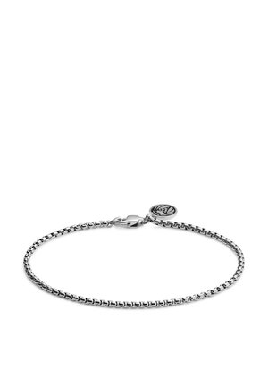 Silver bracelet featuring a chain design, with a lobster clasp and a round charm displaying an embossed logo. Smooth metallic finish.