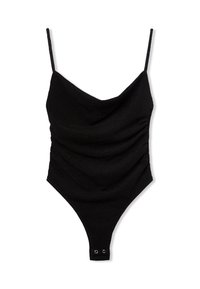 Czarny body z okrągłym dekoltem, regulowanymi cienkimi ramiączkami, marszczeniami z przodu oraz dołem typu string z zapięciem na zatrzask.