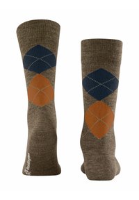 Calze marroni con un motivo a rombo in blu navy e arancione. Realizzate in un materiale testurizzato, con cuciture a contrasto.