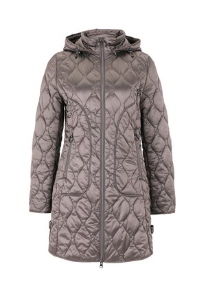 Grau gesteppte Jacke mit Kapuze, Frontreißverschluss und Seitentaschen. Merkmale sind eine glatte, glänzende Textur und ein einzigartiges wellenförmiges Muster.