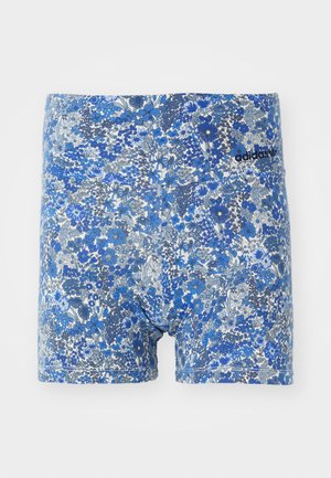 Boxer shorts com estampa floral azul em várias tonalidades, apresentando um design ajustado e um logótipo da Adidas em preto na cintura.