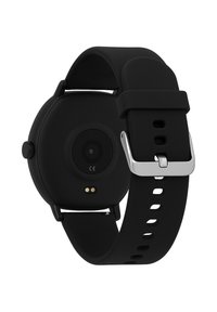 Orologio smartwatch nero con cassa rotonda e cinturino in silicone. Presenta una fibbia argentata, un sensore sul retro e contatti per la ricarica.