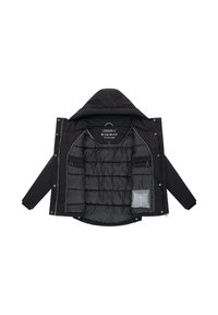 Black insulated jacket with a hood, featuring a zip and snap closure, multiple inner pockets, and quilted lining. Label visible inside.