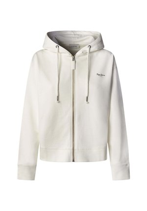 Felpa bianca con zip in tessuto morbido, dotata di cappuccio con coulisse, polsini a coste e un logo discreto sul petto.