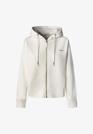 Weißer Kapuzenpullover mit Reißverschluss aus weichem Stoff, mit Kordelzugkapuze, gerippten Bündchen und einem dezenten Logo auf der Brust.