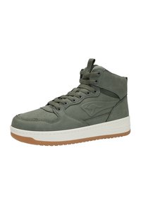 High-Top-Sneaker in olivgrün, mit Wildleder- und synthetischen Materialien, runder Zehenform, Schnürdesign und einer weißen Gummisohle mit Brauntönen.