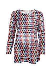 Bunt gemusterte Langarm-Tunika mit einem Blätterdesign in Blau, Rot und Grün auf dunklem Hintergrund; weicher Stoff mit rundem Ausschnitt.