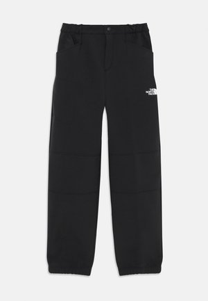 Pantalons de plein air noirs avec taille élastique et poignets, deux poches avant, une poche cargo latérale et logo blanc The North Face sur la cuisse.