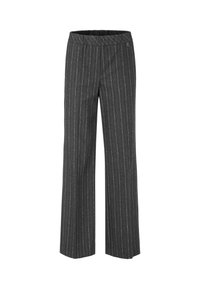 Gray pleated trousers with vertical white stripes, featuring a wide leg silhouette, elastic waistband, and no visible fastenings.
