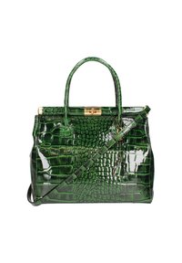 Borsa a mano in pelle patent verde con texture coccodrillo, hardware dorato, manici superiori doppi e tracolla removibile.