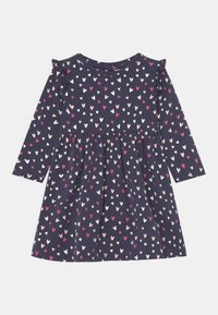 Tmavě modré šaty s dlouhým rukávem a potiskem srdíček v růžové, bílé a červené barvě. Mají nabíranou sukni a volánkové zdobení na ramenech. Materiál 100% bavlna.