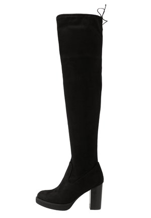 Black over-the-knee boots made of soft suede, featuring a chunky heel and textured sole. Ties at the top for adjustable fit.