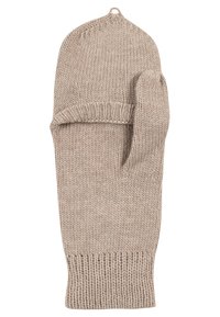 Knit beige mitten with a thumb, featuring ribbed cuff and textured pattern. Soft, warm material with smooth surface and rounded top.