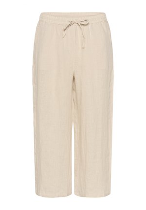 Light beige linen cropped pants with an elastic waistband, drawstring detail, and a relaxed fit, featuring subtly textured fabric.