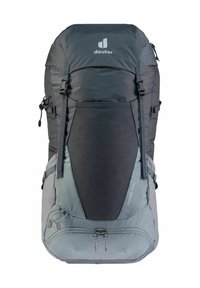 Grauer und schwarzer Rucksack mit sleekem Design, ausgestattet mit mehreren Riemen, einer großen Fronttasche und strukturiertem Stoff. Die Marke „Futura 30 SL“ ist deutlich sichtbar.