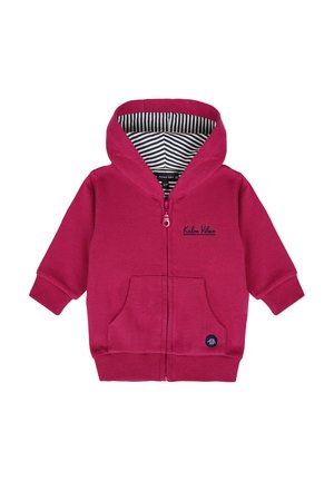 Sweat à capuche bébé rose vif avec fermeture éclair à l'avant, poches, doublure de capuche rayée noir et blanc, et petit écusson logo marine sur la poche avant.