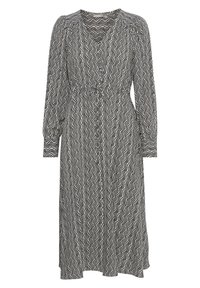 Juoda ir balta raštuota suknelė su V formos iškirpte, ilgomis rankovėmis ir susiaurinta juosimi. Pasižymi banguotu raštu ir laisvu siluetu.