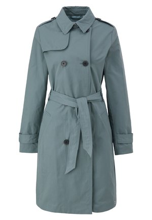 Trench-coat gris mi-long à double boutonnage avec col, ceinture nouée à la taille, poignets boutonnés et épaulettes.