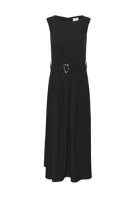 Mouwloze zwarte maxi-jurk met ronde halslijn, stoffen riem met zilveren gesp op de taille en subtiele plooien op de rok.