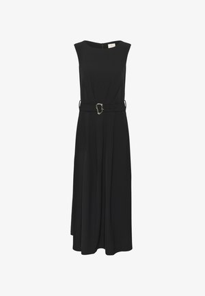 Mouwloze zwarte maxi-jurk met ronde halslijn, stoffen riem met zilveren gesp op de taille en subtiele plooien op de rok.