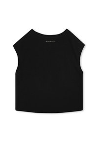 Zwart cropped top met een ronde halslijn en brede mouwen. Heeft een gouden logo op de achterkant. Stof lijkt glad en lichtgewicht.