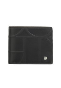 Portafoglio bifold in pelle nera con un design geometrico a rilievo e un accento del logo in argento. Texture liscia e bordi rifiniti.