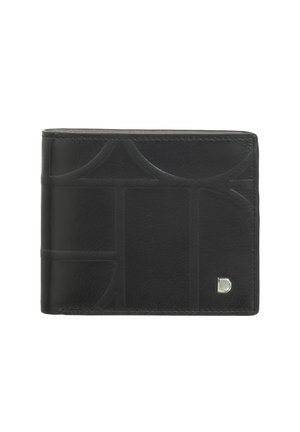 Black leather bifold wallet featuring a geometric embossed design and silver logo accent. Smooth texture and refined edges.