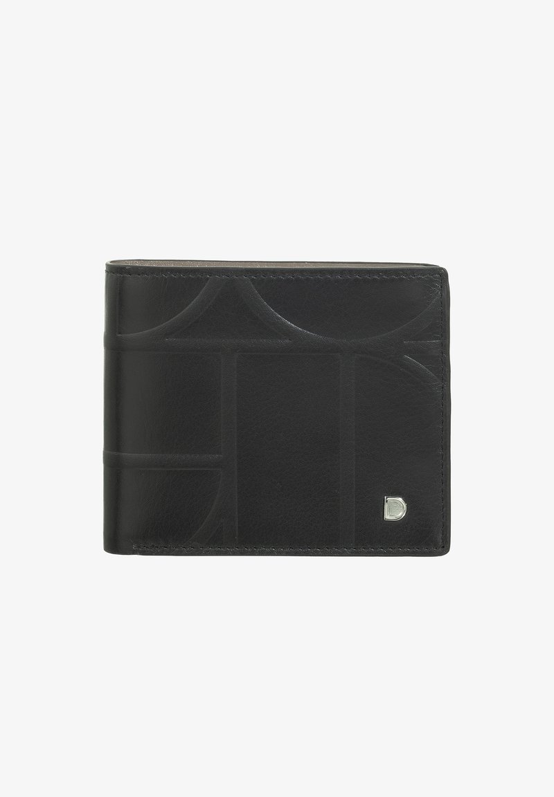 Portafoglio bifold in pelle nera con un design geometrico a rilievo e un accento del logo in argento. Texture liscia e bordi rifiniti.