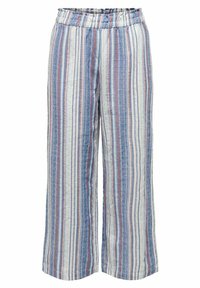 Pantaloni a gamba larga a righe, realizzati in un tessuto leggero con righe blu, rosse e bianche, con cintura elastica e silhouette rilassata.