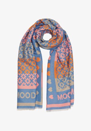 Knit scarf in blue, featuring floral and heart patterns in pink, orange, and beige. Edges are finished with light fringing.