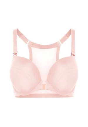 Lyserød bh med glatte, formede skåle, justerbare stropper og en mesh rygpanel. Har en minimalistisk hægtelukning og subtile detaljer.