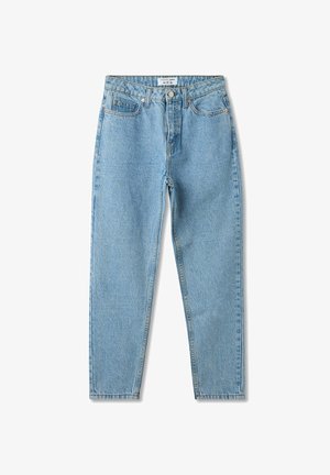 Jeans in denim azzurro chiaro con gamba dritta, design a cinque tasche, chiusura con bottone e cuciture decorative lungo le cuciture.