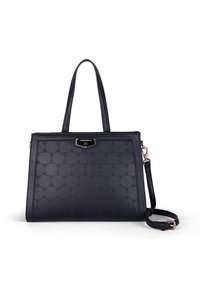 Borsa tote in pelle nera con motivo embossé, due manici, tracolla staccabile e piccola placca con logo in oro.