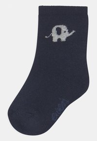 Marineblaue Socke mit einem grauen Elefantenmuster an der Seite. Hergestellt aus gestricktem Material, mit verstärkter Zehenpartie und glatter Textur.