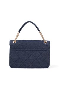 Quilted navy denim handbag with a rectangular shape, featuring a chain strap and gold-tone hardware for accents.