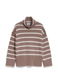 Brun och beige randig tröja med hög, vikbar krage, vida ärmar och ribbad nederkant. Tillverkad av mjuk stickad tyg.