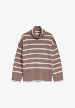 Pull rayé marron et crème avec un col haut replié, des manches larges et un ourlet côtelé. Fabriqué en tissu tricot doux.