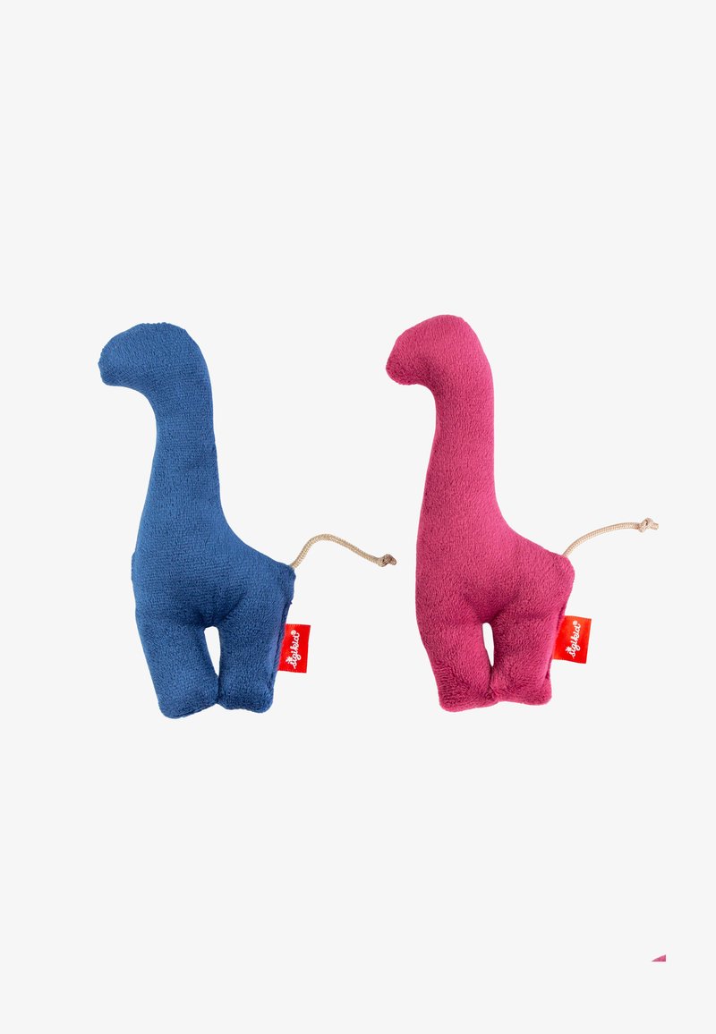 Two soft, plush dinosaur toys: one blue and one pink. Both have a smooth texture, short legs, and are attached to a small hanging loop.