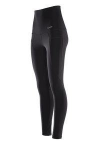 Leggings neri a vita alta realizzati in materiale elasticizzato, con cuciture lisce, una silhouette aderente e tasche laterali per riporvi oggetti.