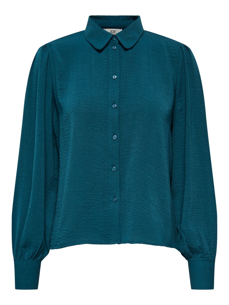 Blusa teal con colletto, apertura frontale con bottoni e maniche lunghe. Realizzata in tessuto testurizzato con polsini arricciati.