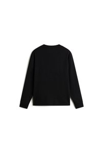 T-shirt a maniche lunghe nera in cotone, con collo rotondo e vestibilità morbida, senza loghi o motivi visibili.