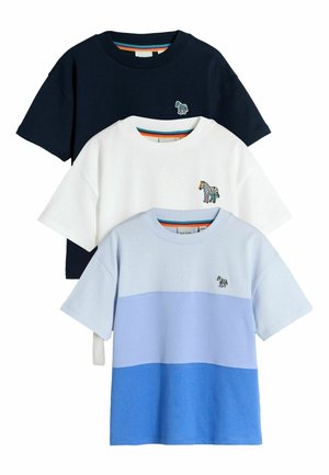Three short-sleeve T-shirts: navy, white, and light blue with color block design. Each features a small zebra embroidery on the chest.