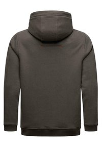 Bluza z kapturem w ciemnoszarym kolorze, z kieszenią kangurką i subtelnym pomarańczowym akcentem z tyłu. Wykonana z miękkiego, teksturowanego materiału.