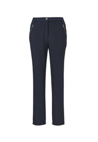 Marineblauwe broek met een getailleerde pasvorm, gemaakt van een zachte, gestructureerde stof, met twee zijritszakken en een knoopsluiting in de taille.
