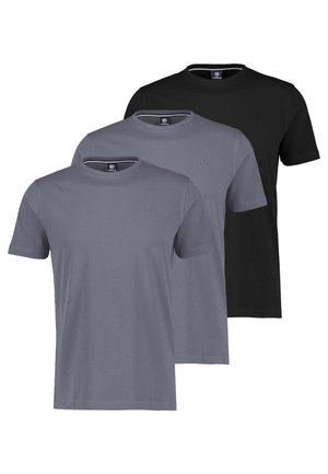 Drei schlichte T-Shirts mit Rundhalsausschnitt und kurzen Ärmeln in Schwarz und zwei Grautönen, übereinander auf weißem Hintergrund angeordnet.