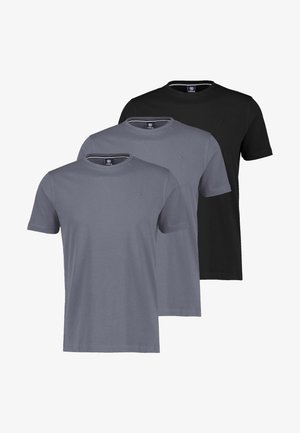Drei schlichte T-Shirts mit Rundhalsausschnitt und kurzen Ärmeln in Schwarz und zwei Grautönen, übereinander auf weißem Hintergrund angeordnet.