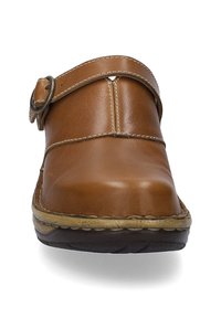 Brown leather clogs with a wide strap and buckle, rounded toe, contrasting stitching, and textured sole.